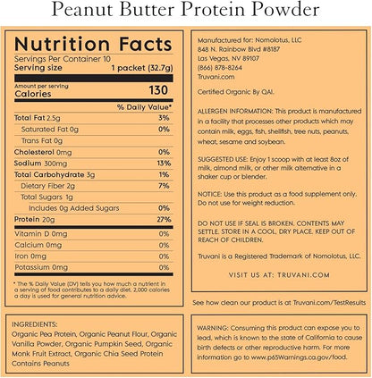 Truvani Vegan Pea Protein Powder | Peanut Butter | 20g Organic Plant Based Protein | 10 Travel Packets | Keto | Gluten & Dairy Free | Low Carb | No Added Sugar