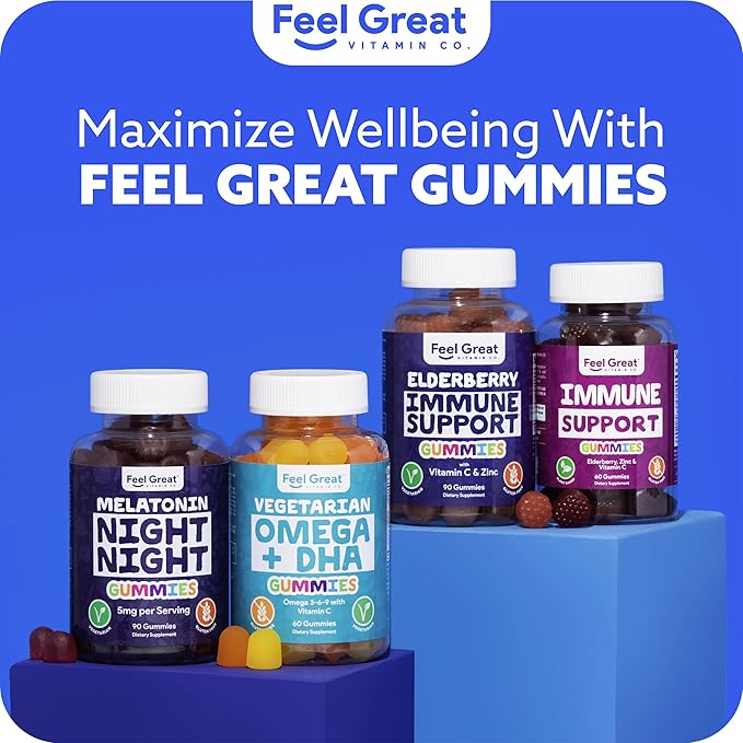 Feel Great Immunity Support Gummies with Elderberry, Zinc and Vitamin C | Sambucus Nigra Supplement | 60 Gummies