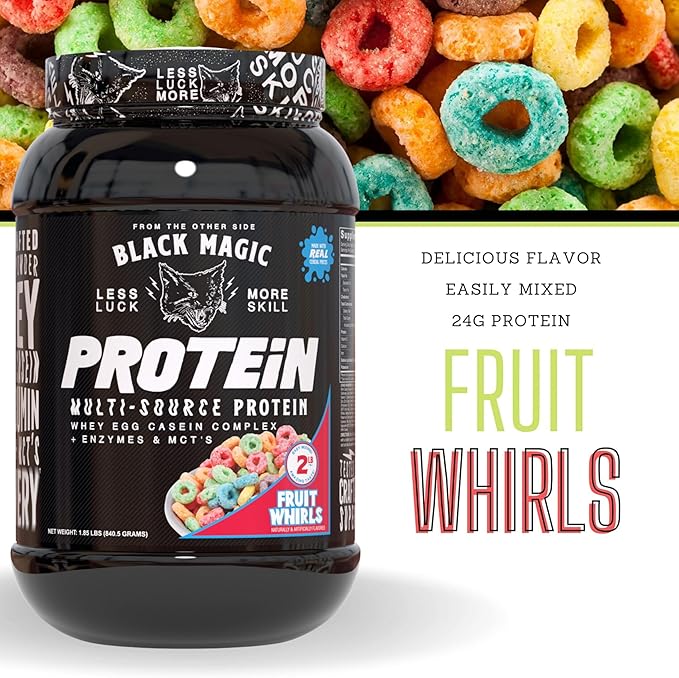 Worldwide Nutrition Black Magic Multi-Source Protein Powder - Whey, Egg Albumin Enzymes, Micellar Casein & MCTs - Muscle Mass Gaining - Fruit Whirls Flavor - 2 LB with Bonus Multi Purpose Key Chain