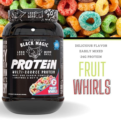 Worldwide Nutrition Black Magic Multi-Source Protein Powder - Whey, Egg Albumin Enzymes, Micellar Casein & MCTs - Muscle Mass Gaining - Fruit Whirls Flavor - 2 LB with Bonus Multi Purpose Key Chain