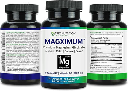 Trio Nutrition MagX Magnesium Glycinate, Vitamin D3, Vitamin K2 & MCT Oil | Chelated Magnesium Supplement | Calm, Relaxation & Recovery | Be Well Rested & Start Your Day with Magximum