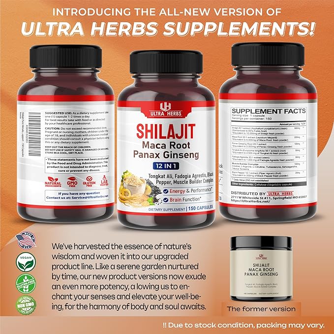 Shilajit Pure Himalayan 21,800mg - Energy Booster 85% Fulvic Acid, Maca Root, Panax Ginseng, Tongkat Ali, Fadogia Agrestis - Metabolism & Immunity Support - 150 Capsules