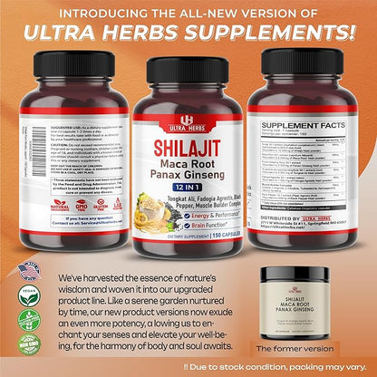 Shilajit Pure Himalayan 21,800mg - Energy Booster 85% Fulvic Acid, Maca Root, Panax Ginseng, Tongkat Ali, Fadogia Agrestis - Metabolism & Immunity Support - 150 Capsules