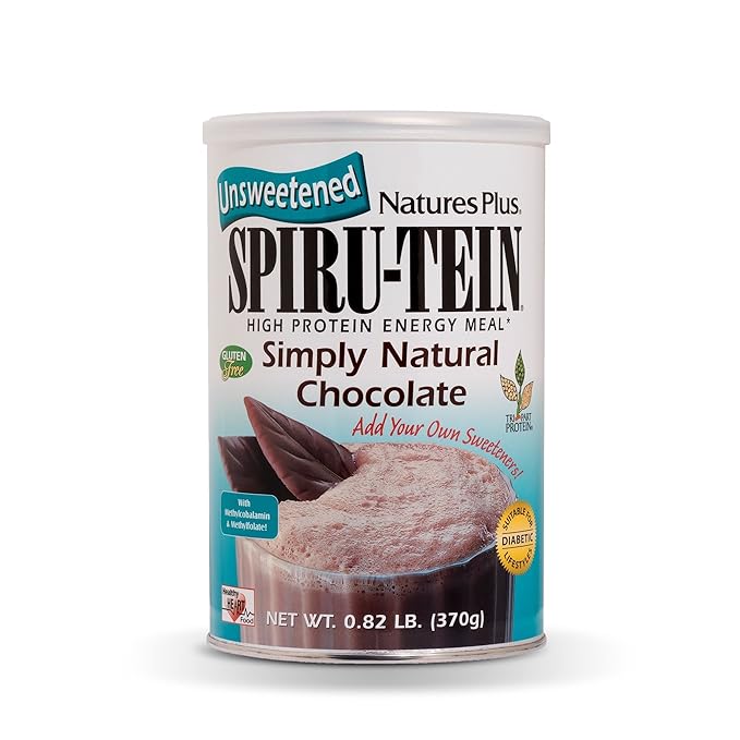 Natures Plus Simply Natural SPIRU-TEIN Shake - Unsweetened Chocolate - 0.82 lb Protein Powder- Meal Replacement - Natural Energy - Supports Diabetic Lifestyle - Vegetarian, 16 Servings