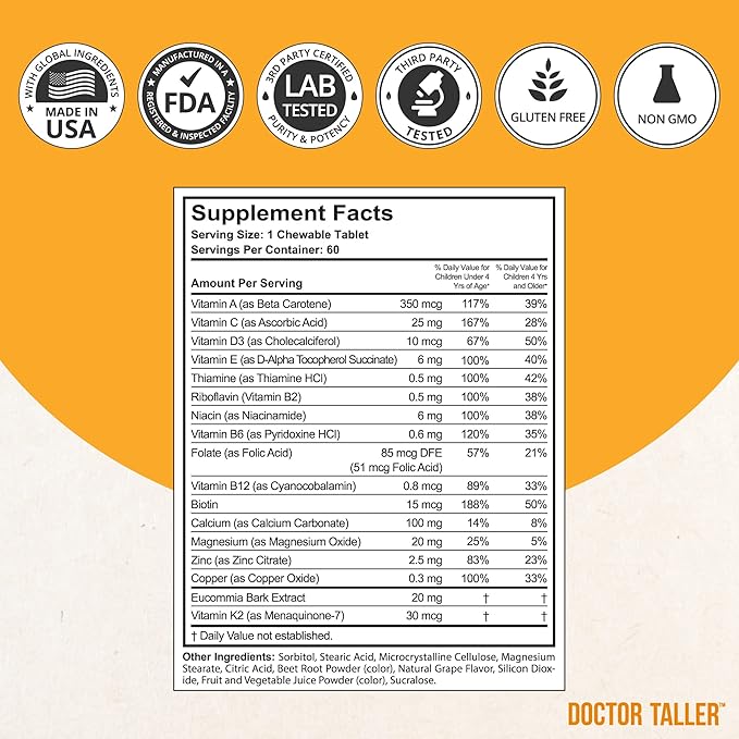 NuBest Doctor Taller Kids - Kids Multivitamins, Toddler Vitamins - Support Healthy, Immunity and Bone Strength for Ages 2 to 9 - Grape Flavor - 60 Vegan Chewable Tablets | 1 Month Supply