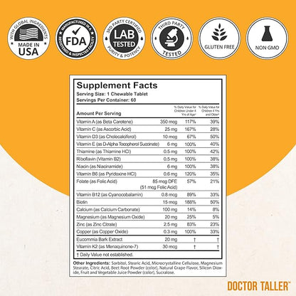 NuBest Doctor Taller Kids - Kids Multivitamins, Toddler Vitamins - Support Healthy, Immunity and Bone Strength for Ages 2 to 9 - Grape Flavor - 60 Vegan Chewable Tablets | 1 Month Supply