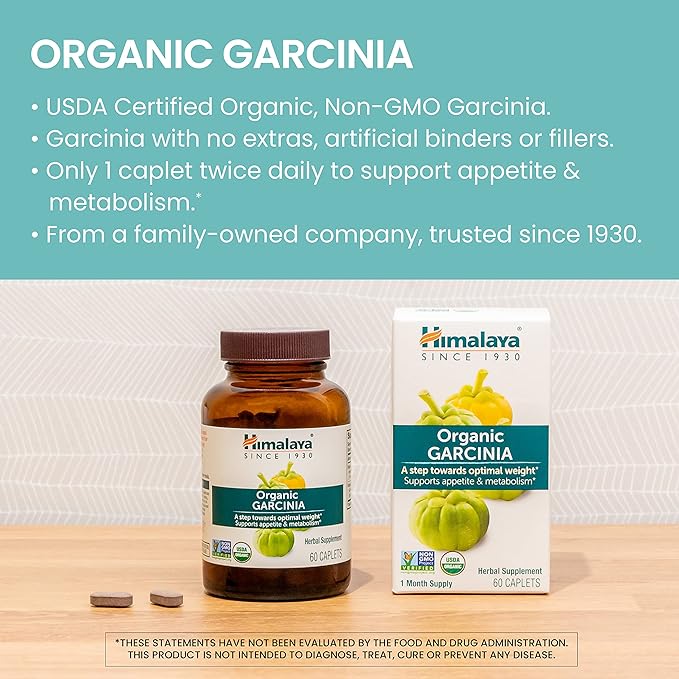 Himalaya Organic Garcinia Cambogia Herbal Supplement, Appetite Control, Lipid Metabolism, Weight Support, USDA Organic, Non-GMO, Vegan, 600 mg, 60 Plant-Based Caplets, 2 Pack