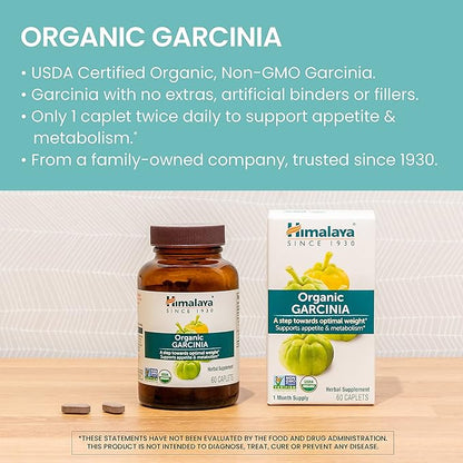 Himalaya Organic Garcinia Cambogia Herbal Supplement, Appetite Control, Lipid Metabolism, Weight Support, USDA Organic, Non-GMO, Vegan, 600 mg, 60 Plant-Based Caplets, 2 Pack