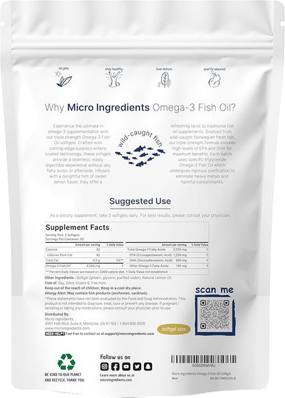 Micro Ingredients Triple Strength Omega 3 Fish Oil Supplements 4200mg Per Serving, 240 Softgels – Lemon Flavored – Burpless | EPA 1200mg + DHA 900mg | Deep Sea Fish.