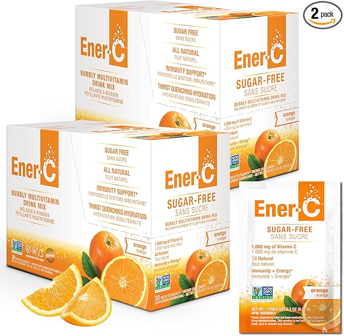 Ener-C Sugar Free Energy Orange Multivitamin Drink Mix Vitamin C 1000mg & Electrolytes - Natural Immunity Support with Real Fruit Juice Powders Non-GMO Vegan & Gluten Free - 60 Count