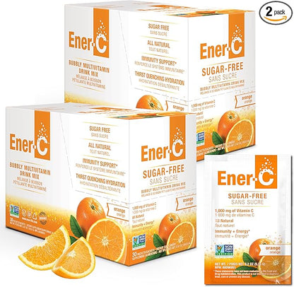 Ener-C Sugar Free Energy Orange Multivitamin Drink Mix Vitamin C 1000mg & Electrolytes - Natural Immunity Support with Real Fruit Juice Powders Non-GMO Vegan & Gluten Free - 60 Count