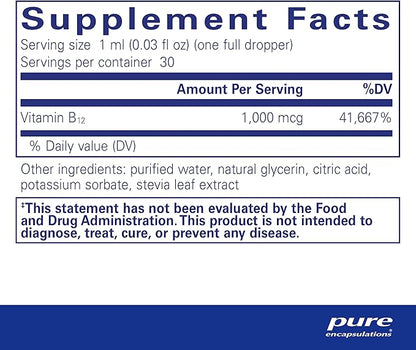 Pure Encapsulations B12 Liquid | 1,000 mcg Vitamin B12 (Methylcobalamin) Supplement to Support Nerves, Immune Health, Energy, and Cognitive Function* | 1 fl. oz.