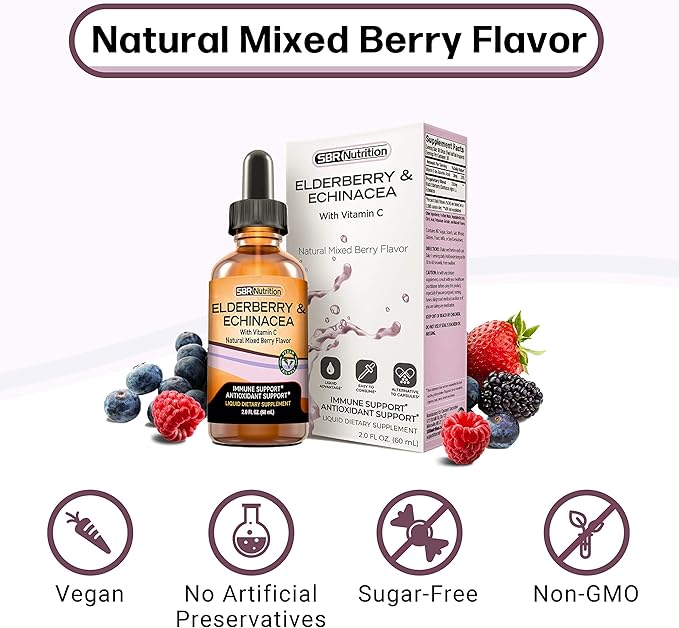 SBR Nutrition Immune Support Liquid Dietary Supplement for Adults, Elderberry and Echinacea with Vitamin C, Organic, Vegan Sambucus Extract Immune System Booster, 2 oz (60 mL)