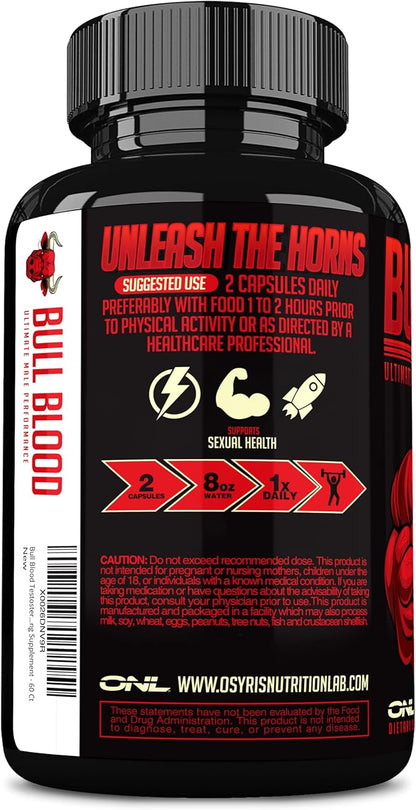 Bull Blood Testosterone Booster for Men - Testosterone Supplement for Stamina & Endurance - Maca Root, Horny Goat Weed, Tribulus Terrestris Extract & Tongkat Ali - Male Enhancing Supplement - 60 Ct