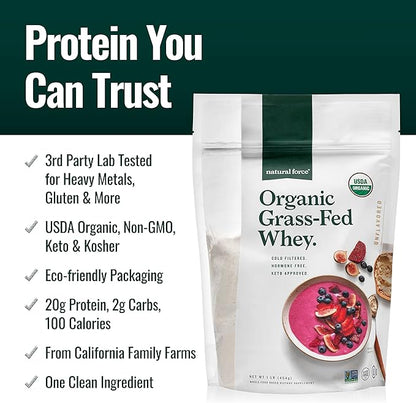 Natural Force Grass Fed Organic Whey Protein Powder - Non GMO, Keto Friendly, Low Carb, Kosher - Lab Tested for Toxins - Pure & Unflavored - 16 oz.