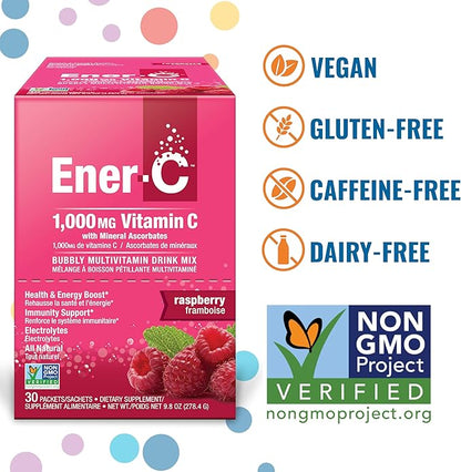 Ener-C Raspberry Multivitamin Drink Mix Powder Vitamin C 1000mg & Electrolytes with Real Fruit Juice Natural Energy & Immune Support for Women & Men - Non-GMO Vegan & Gluten Free - 60 Count
