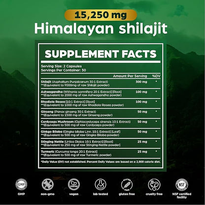 Anuva Pure Premium Himalayan Shilajit 15,250mg, with Ashwagandha, Cordyceps Mushroom, Turmeric, Ginseng, Gingko Biloba, Stinging Nettle, 60 Vegetarian Capsules | Shilajit for Men, Shilajit for Women
