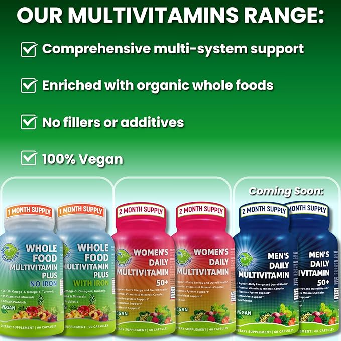 Vegan Whole Food Multivitamin Without Iron, Daily Multivitamin for Women and Men, Made with Fruits & Vegetables, B-Complex, Probiotics, Enzymes, CoQ10, Omegas, Turmeric, Non-GMO, 180 Count