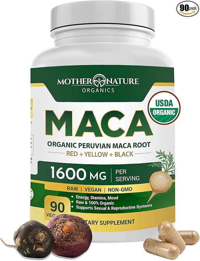 Mother Nature USDA Organic Maca Root Capsules 1600mg, Vegan, Raw Maca Supplement for Stamina, Hormonal Balance & Well-Being, Non-GMO Premium Peruvian Maca for Men & Women, Reproductive Health (90ct)