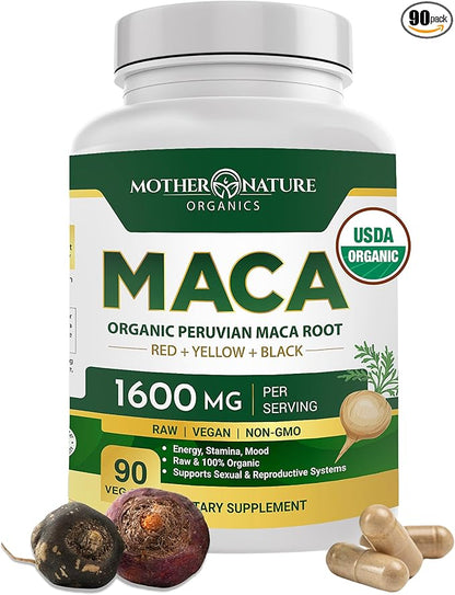 Mother Nature USDA Organic Maca Root Capsules 1600mg, Vegan, Raw Maca Supplement for Stamina, Hormonal Balance & Well-Being, Non-GMO Premium Peruvian Maca for Men & Women, Reproductive Health (90ct)