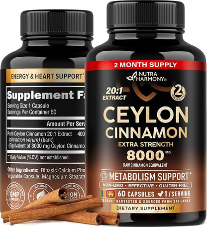 Ceylon Cinnamon Capsules - Extra Strength - Energy, Heart & Metabolism Support - for Men & Women - Pure Natural Extract 20:1 Supplement - Made in USA - GMO & Gluten Free, 60 Capsules, 2 Month Supply