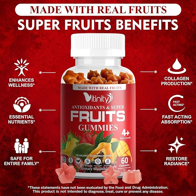 Made with Real Super Fruits Delicious Gummy Supplement,Men,Women & Kids(60 Chews),9 Superfruits,Fruit & Herbs,Superfruits Vitamins,Non-GMO,Pectin-Based,Gluten-Free,No More Pills-30 Day Supply