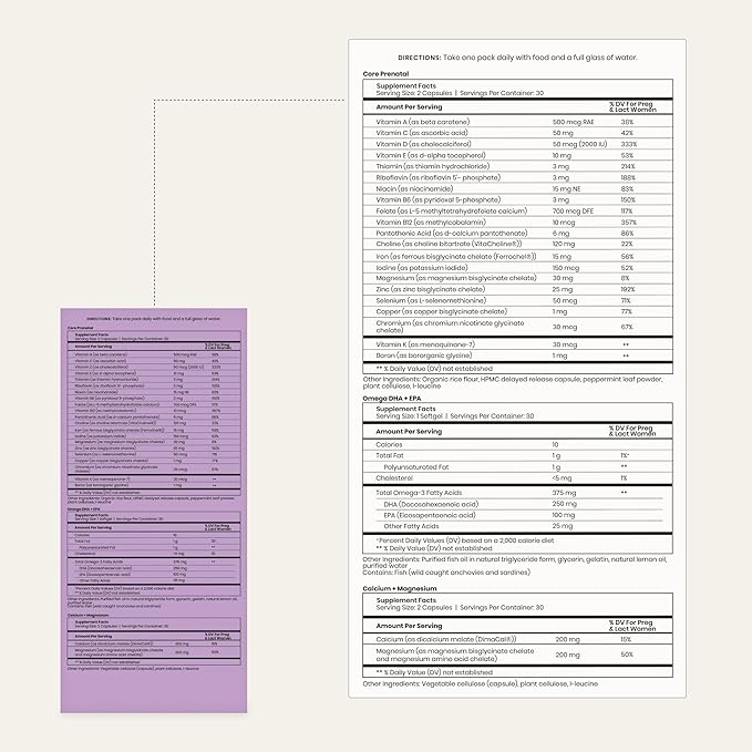 Perelel 2nd Trimester Prenatal Pack - Daily Pregnancy Vitamins - Omega DHA Prenatal Vitamins, Calcium + Magnesium Supplements for Women - Soy-Free Non-GMO Women's Vitamins (30 Pill Packs)