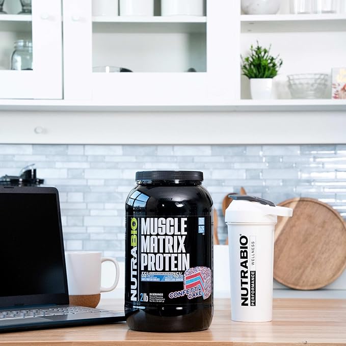 NutraBio Muscle Matrix Protein Powder, Confetti Cake - 25g of Protein Per Scoop - Whey Isolate and Micellar Casein Combo - 2 Pounds, 28 Servings