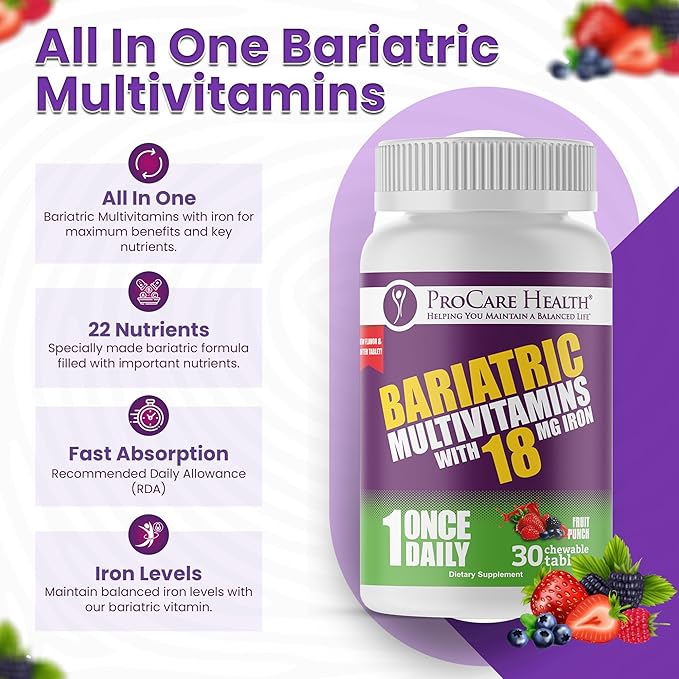 Procare Health Bariatric chewable Multivitamin with Iron 18mg (30 Tablets) - Fruit Punch Flavor Bariatric Multivitamin Chewable Pills for Gastric Bypass & Sleeve Gastrectomy Patients* (1 Month Supply)