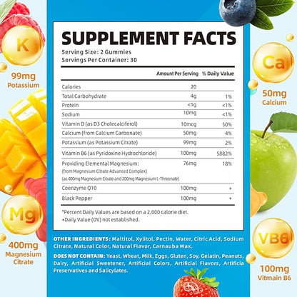 softbear Potassium Gummies for Adults, High Absorption Potassium Magnesium Supplement with Vitamin B6 CoQ10 for Leg Cramps & Muscle Health Sugar-Free Vegan Mixed Fruit Flavor 60 Gummies