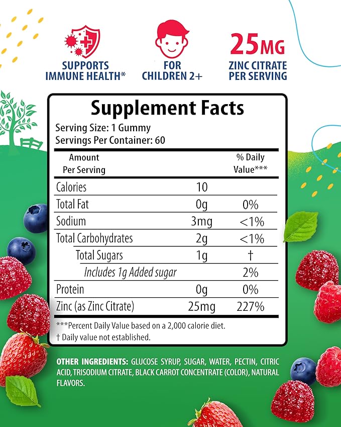 Zinc Gummies for Kids - Chewable Zinc Gummy Supplement for Children Immune Support - Low Sugar Natural Antioxidant Non-GMO Zinc Vitamin Chewables for Toddlers & Teens