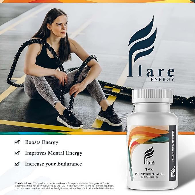 TAVA Energy Supplements, 30 Capsules. Ramp up Your Day Flare Energy Supplement Increase Muscle Growth - Vitamin Supplements to Help Maintain Focus and Mental Energy.
