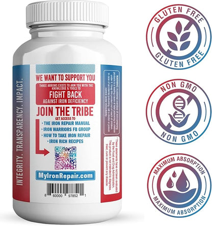Iron Repair Plus Natural Iron Supplement, Best Absorption Gentle on Stomach, Monash Low FODMAP, Raise Hemoglobin & Ferritin for Women, Teens & Pregnancy Methylated B-12 & Folate, 90 Gelatin Capsules