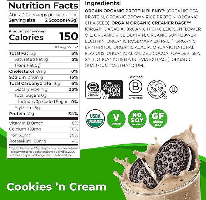Orgain Organic Vegan Protein Powder, Cookies & Cream - 21g Plant Based Protein, 7g Prebiotic Fiber, Low Net Carb, No Lactose Ingredients, No Added Sugar, Non-GMO, For Shakes & Smoothies, 2.03 lb