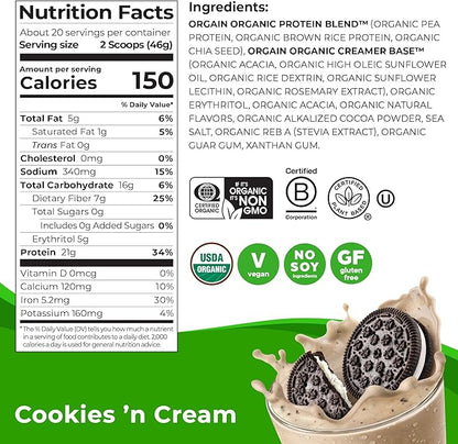 Orgain Organic Vegan Protein Powder, Cookies & Cream - 21g Plant Based Protein, 7g Prebiotic Fiber, Low Net Carb, No Lactose Ingredients, No Added Sugar, Non-GMO, For Shakes & Smoothies, 2.03 lb