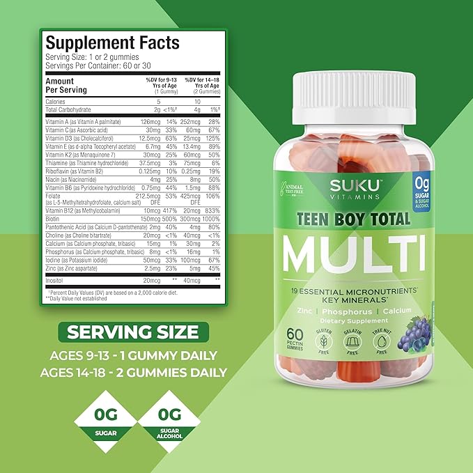 Teen Boy Multivitamin – Sugar Free Vegetarian Gummy Supplement for Teen Boys 19 Essential Nutrients Strengthens Bones Muscles Enhances Energy Health – Blueberry Grape Flavor (60 Count)