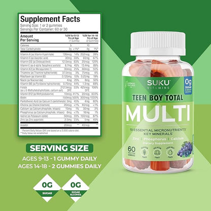 Teen Boy Multivitamin – Sugar Free Vegetarian Gummy Supplement for Teen Boys 19 Essential Nutrients Strengthens Bones Muscles Enhances Energy Health – Blueberry Grape Flavor (60 Count)