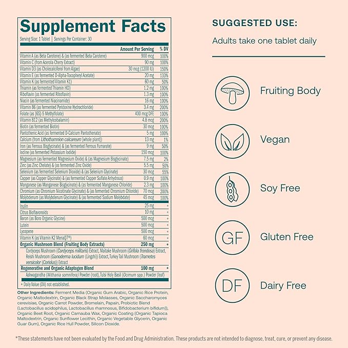 True Grace One Daily Women’s Multivitamin Fermented Minerals, Organic Adaptogens & Mushrooms Whole Body Balance, Immune, Energy, Beauty Support - Non-GMO, Gluten Free, Soy Free - 30 Vegan Tablets