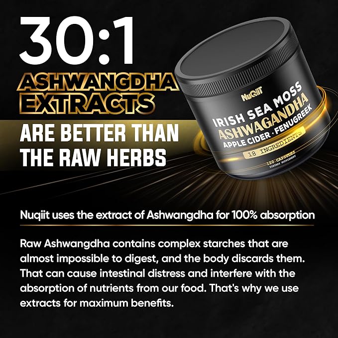 Organic Ashwangdha Capsules 15000mg Irish Sea Moss 3000mg Apple Cider Vinegar 3000mg & More - Support Brain Health, Strength & Immune System - 120 Vegan Capsules