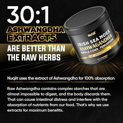 Organic Ashwangdha Capsules 15000mg Irish Sea Moss 3000mg Apple Cider Vinegar 3000mg & More - Support Brain Health, Strength & Immune System - 120 Vegan Capsules