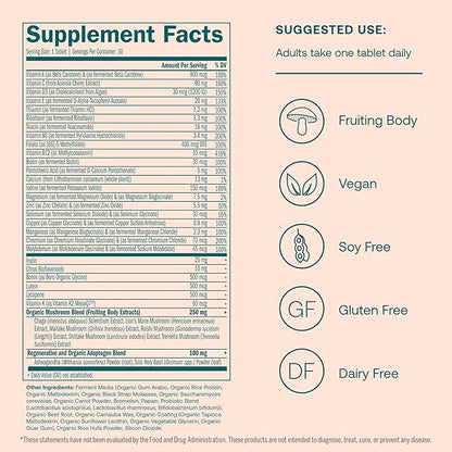 True Grace One Daily Women’s Multivitamin 40+ Fermented Minerals, Organic Adaptogens & Mushrooms Energy, Immune, Bone, Heart Support - Iron Free, Non-GMO, Gluten Free, Soy Free - 30 Vegan Tablets