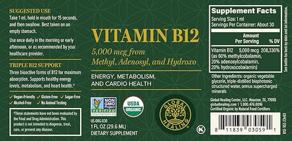 Global Healing Vitamin B12 5000 mcg, Organic Sublingual Liquid Drops | 3-in-1 Methylcobalamin, Adenosylcobalamin, Hydroxo Blend, 1 Fl Oz (2-Pack)