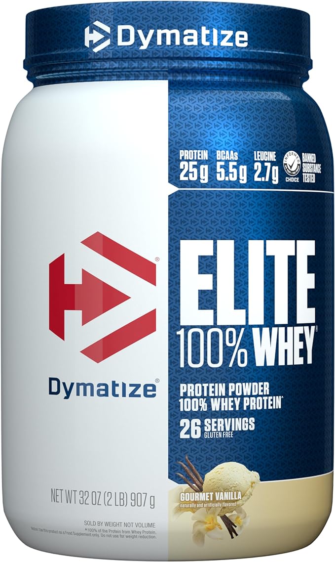 Dymatize Elite 100% Whey Protein Powder, L-Leucine, Quick Absorbing & Fast Digesting for Optimal Muscle Recovery, Gourmet Vanilla, 32 Oz