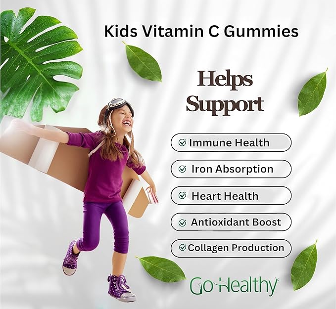 Go Healthy Vitamin C Gummies for Kids - Toddler & Children's Vitamin Gummy Supplement, Growth & Immune Support – Kosher, Halal, Non-GMO, Gluten-Free, Delicious Orange Flavor - 60 Servings