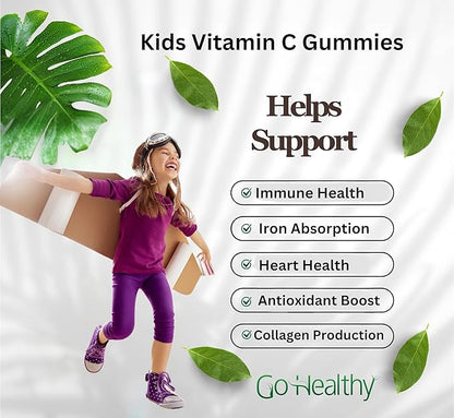 Go Healthy Vitamin C Gummies for Kids - Toddler & Children's Vitamin Gummy Supplement, Growth & Immune Support – Kosher, Halal, Non-GMO, Gluten-Free, Delicious Orange Flavor - 60 Servings