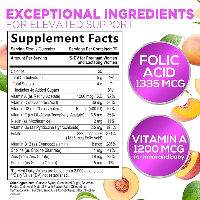 Prenatal Gummy with Folic Acid, Prenatal Vitamins and Minerals for Fetal Support, Vitamin A, C, D3, B12, B6 & Folate, Prenatal Multivitamin for Pregnant & Nursing Women - 60 Gummies, 30 Day Supply