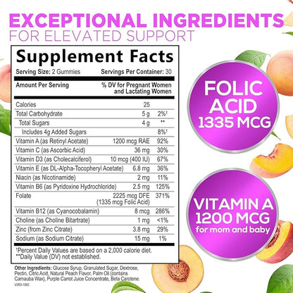 Prenatal Gummy with Folic Acid, Prenatal Vitamins and Minerals for Fetal Support, Vitamin A, C, D3, B12, B6 & Folate, Prenatal Multivitamin for Pregnant & Nursing Women - 60 Gummies, 30 Day Supply