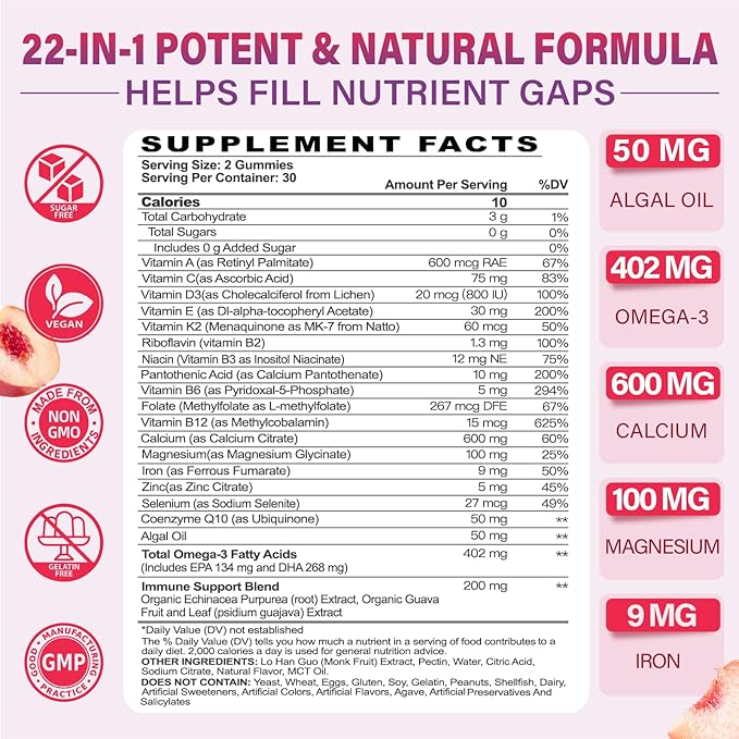 Multivitamin Gummies for Women 50 Plus - with Omega 3, Coenzyme Q10, Iron, Calcium, Zinc, Vitamin A, C, D3, E, K2, B Complex, Folate - Multi Vitamins & Minerals for Energy, Immunity, Eye, Skin