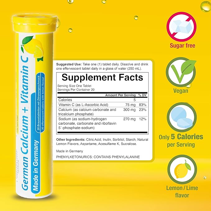 German Calcium + VIT. C - 480 Vegan Drink Effervescent Tablets - Lemon Lime Flavor - Made in Germany