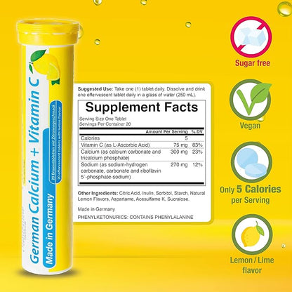 German Calcium + VIT. C - 40 Vegan Drink Effervescent Tablets - Lemon Lime Flavor - Made in Germany